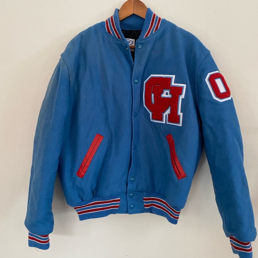 Blue Wool Varsity Jacket with Red Accents large